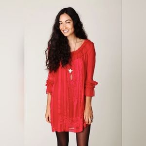 Free People New Romantics Ruby Shift Sheer Embroidered Frilled Blouse Women's L